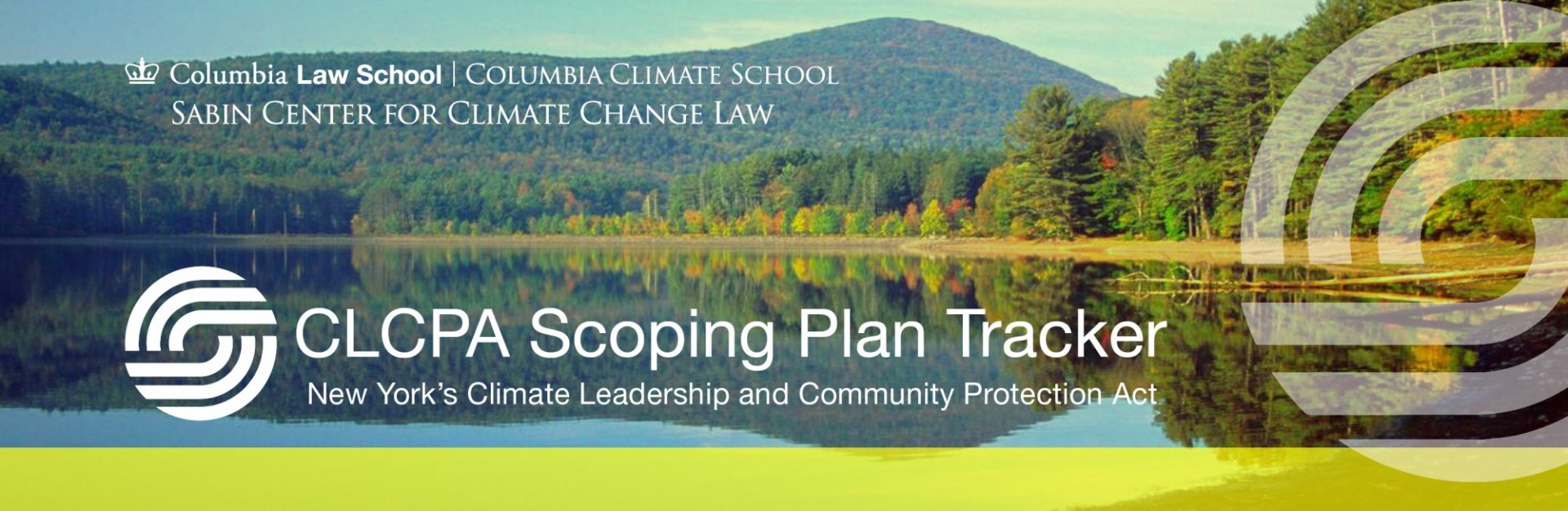 Banner image of a lake with forest and mountain in the background. Text reads "Columbia Law School, Columbia Climate School, Sabin Center for Climate Change Law, CLCPA Scoping Plan Tracker, New York's Climate Leadership and Community Protection Act"